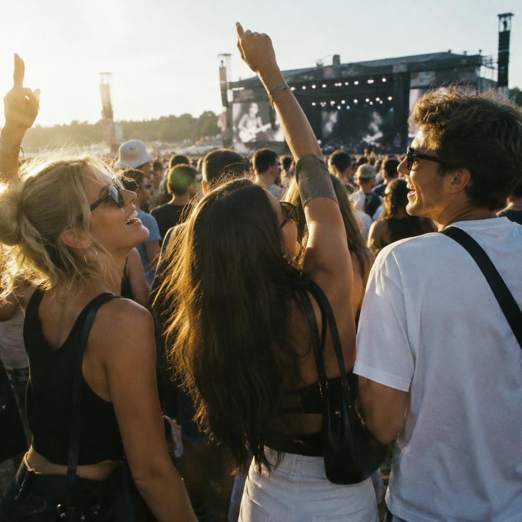 Friends sharing a sunlit moment in a festival crowd